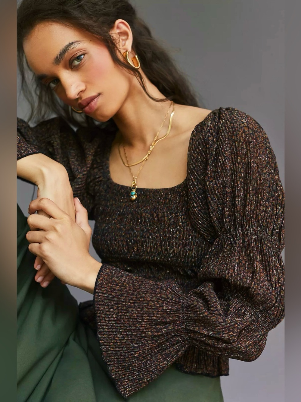 ANTHROPOLOGIE | XL SHIMMER PUFF FLORAL LONG SLEEVE TOP BLOUSE PLEATED SMOCKED